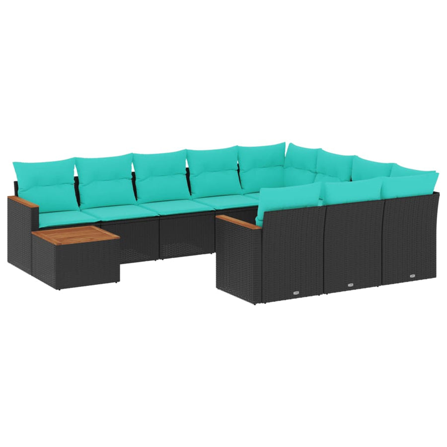 11-delige tuinbankset met kussens, zwart polyrotan