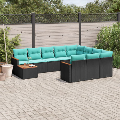 11-delige tuinbankset met kussens, zwart polyrotan