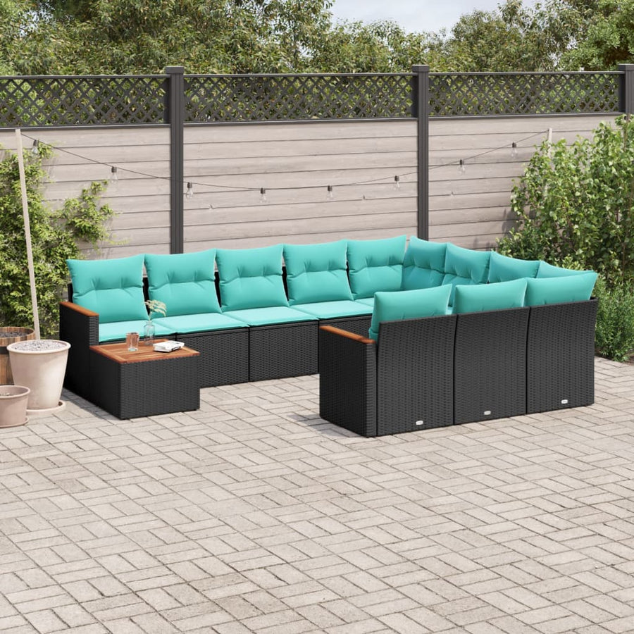 11-delige tuinbankset met kussens, zwart polyrotan