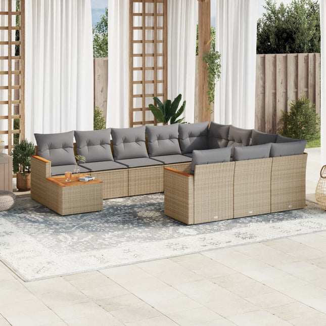 11-Delige Loungeset Met Kussens Poly Rattan Gemengd Beige