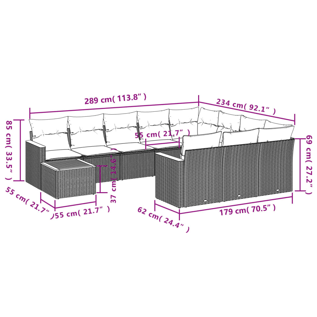 11-delige tuinbankset met kussens, grijs polyrotan