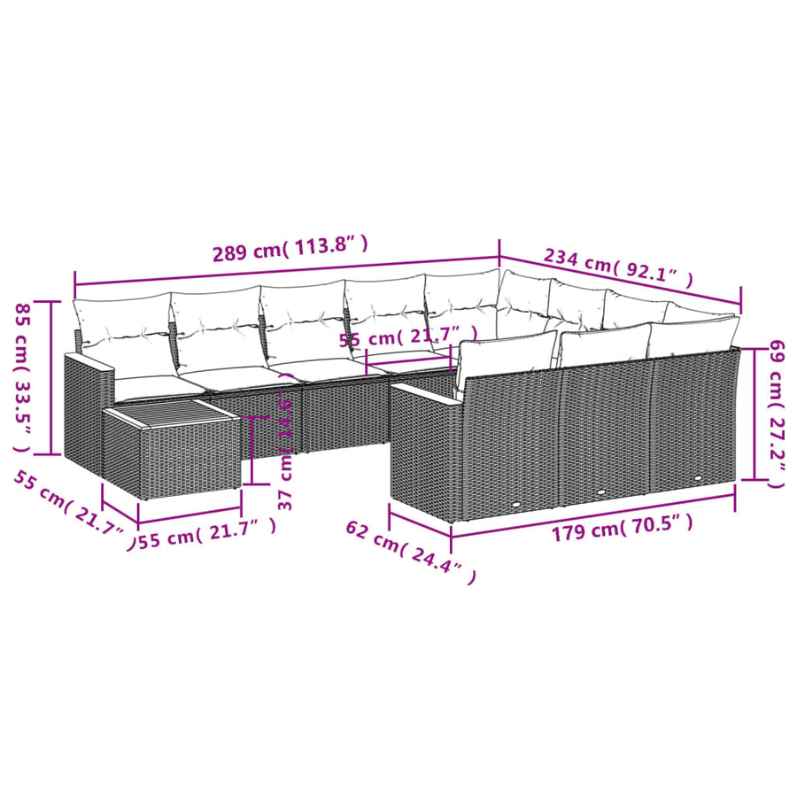 11-delige tuinbankset met kussens, grijs polyrotan
