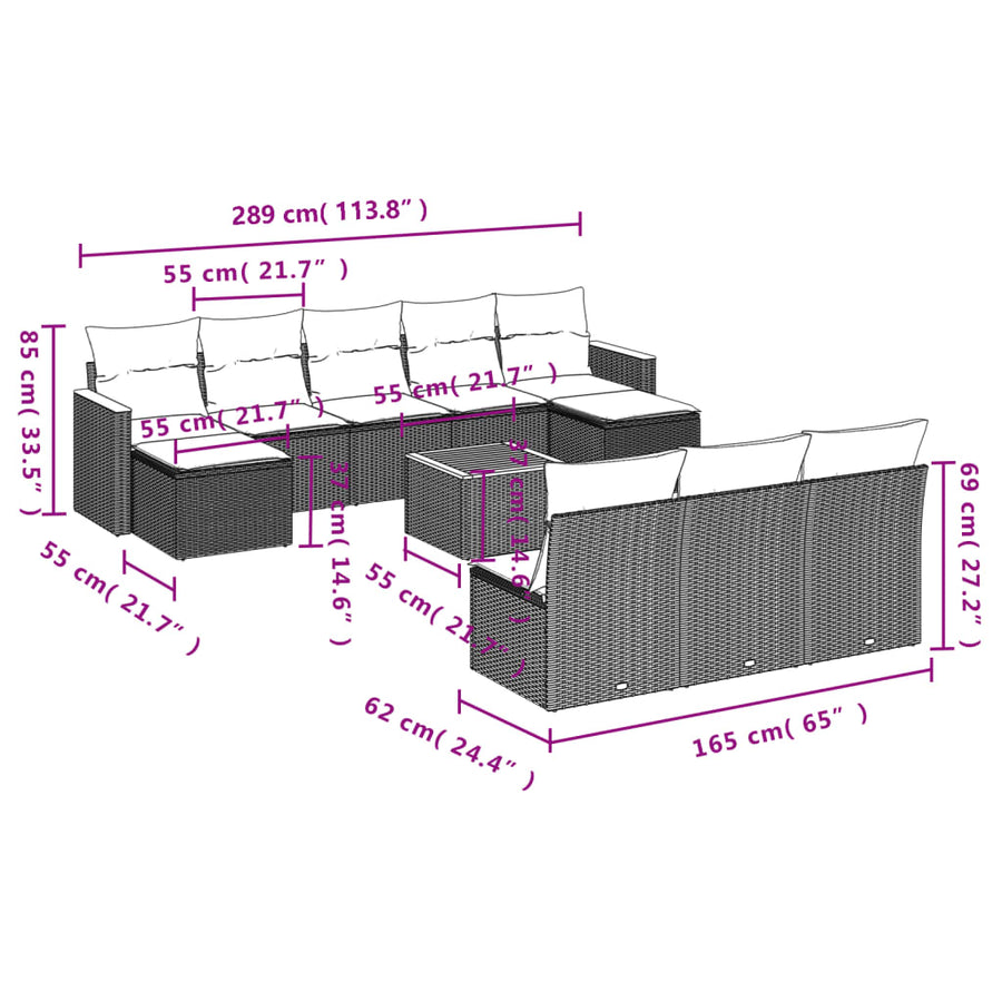 11-delige tuinbankset met kussens, zwart polyrotan
