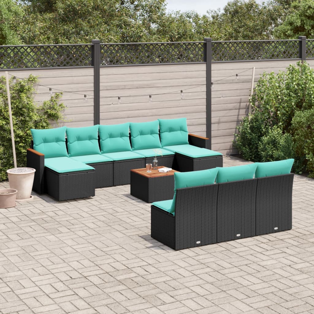 11-delige tuinbankset met kussens, zwart polyrotan