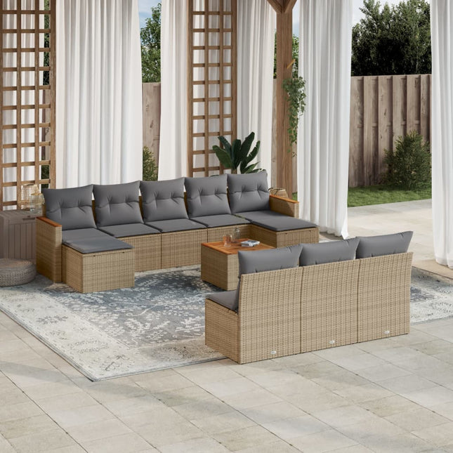 11-Delige Loungeset Met Kussens Poly Rattan Gemengd Beige