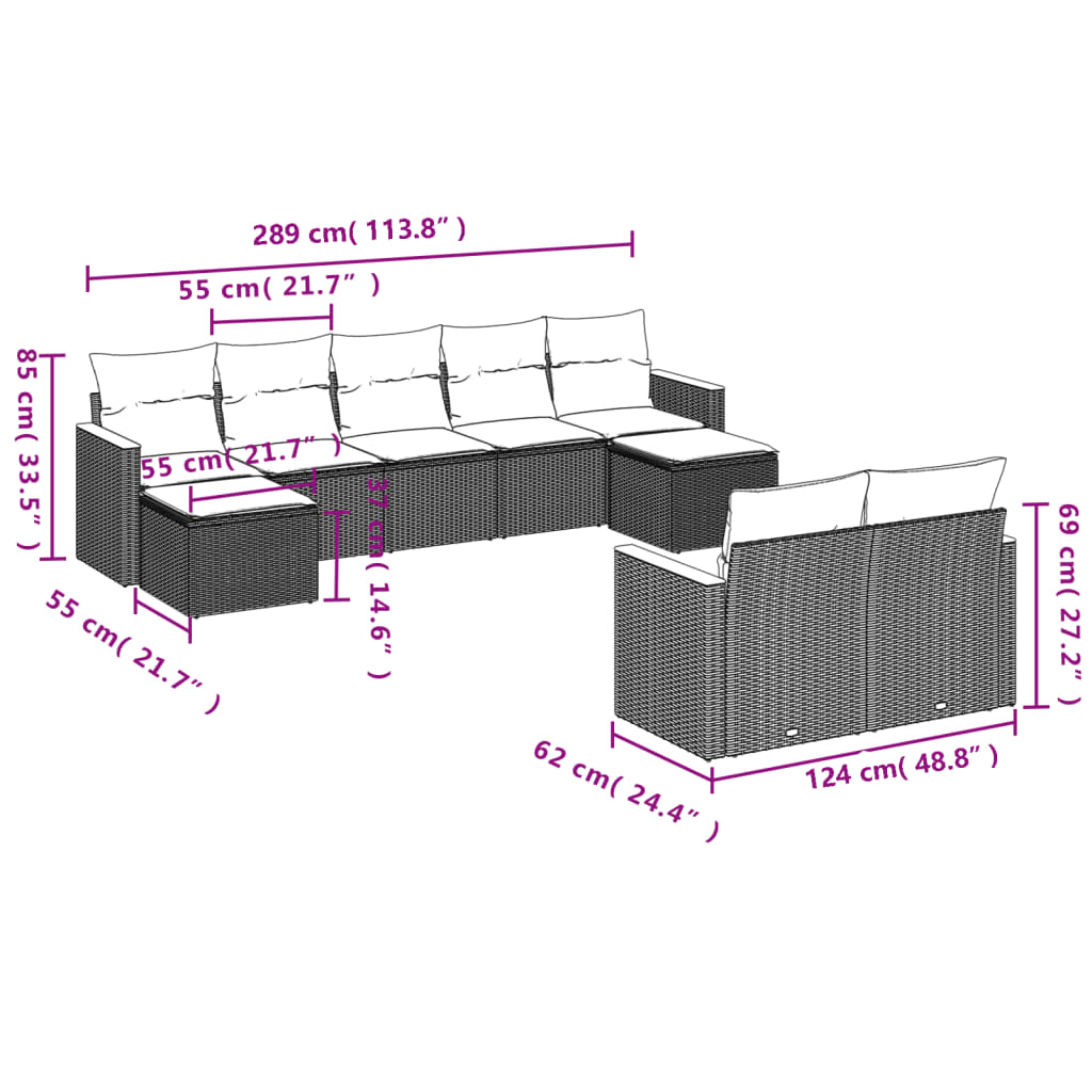 9-Delige Loungeset Met Kussens Poly Rattan Zwart