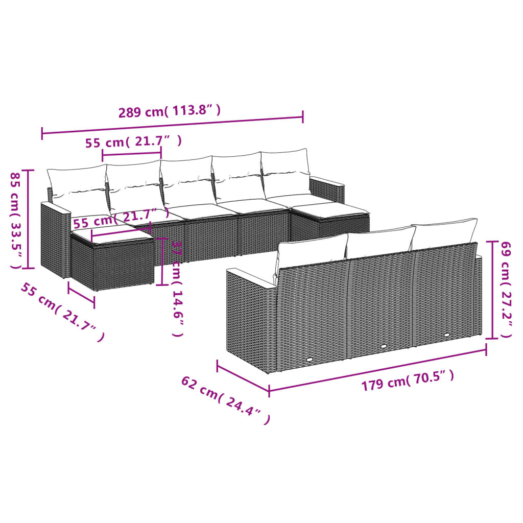 10-delige tuinbankset met kussens, grijs polyrotan