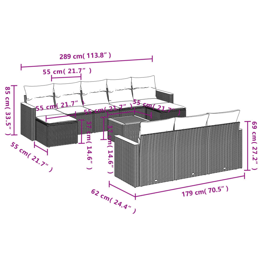 11-delige tuinbankset met kussens, zwart polyrotan