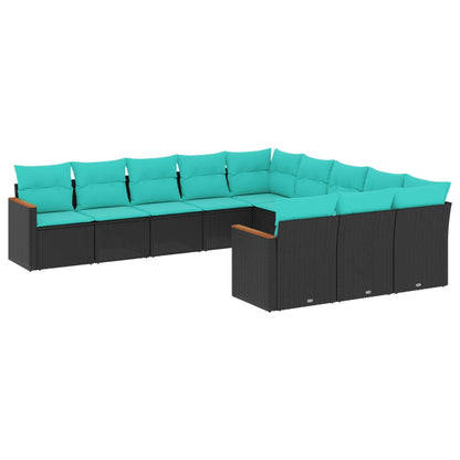 11-delige tuinbankset met kussens, zwart polyrotan