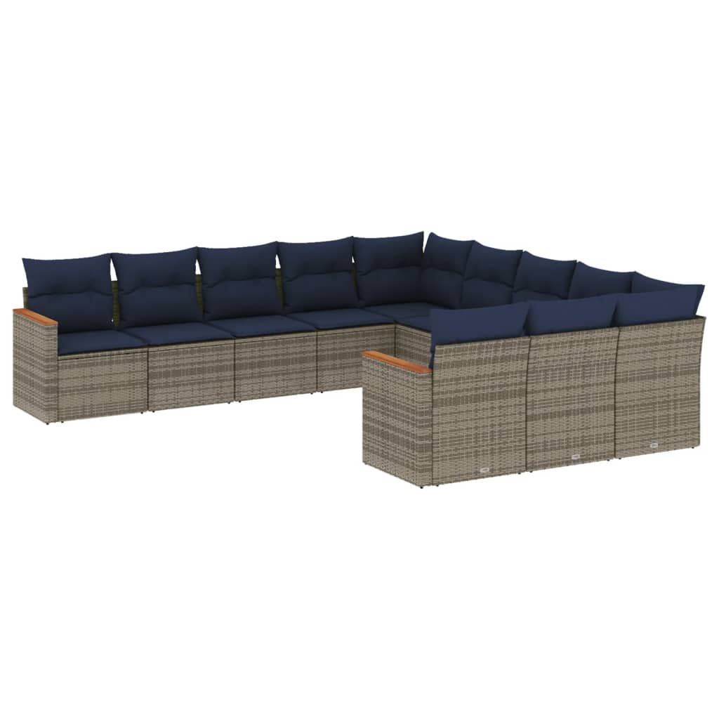 11-delige tuinbankset met kussens, grijs polyrotan