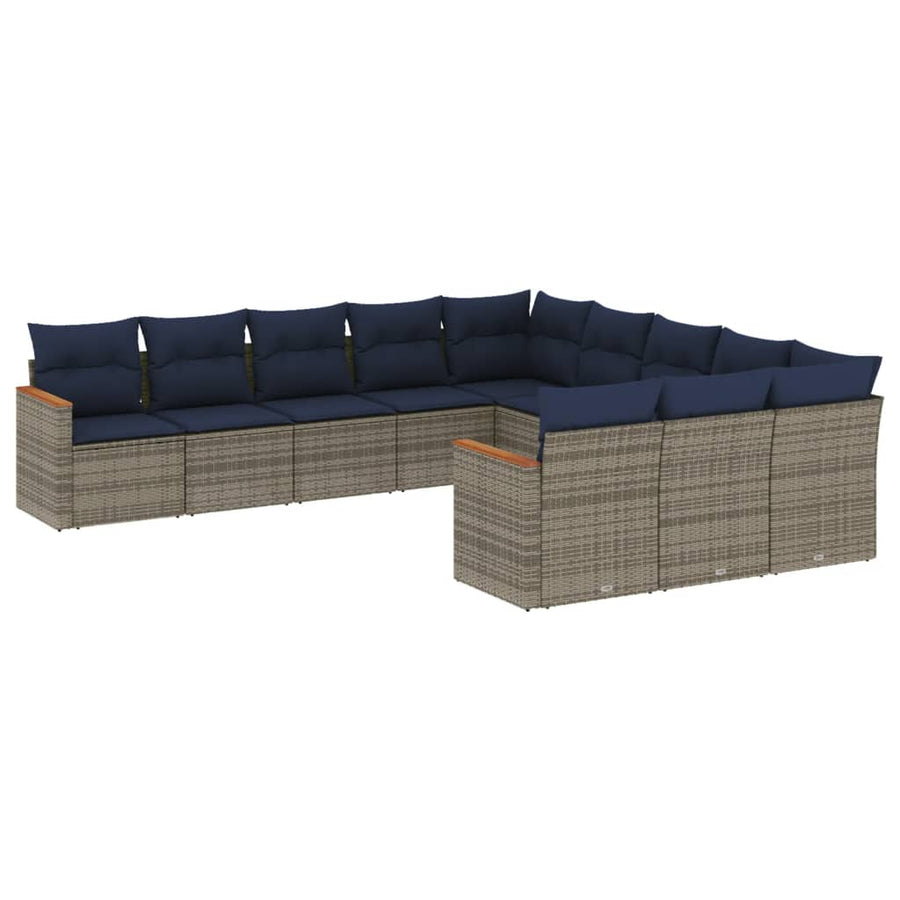11-delige tuinbankset met kussens, grijs polyrotan
