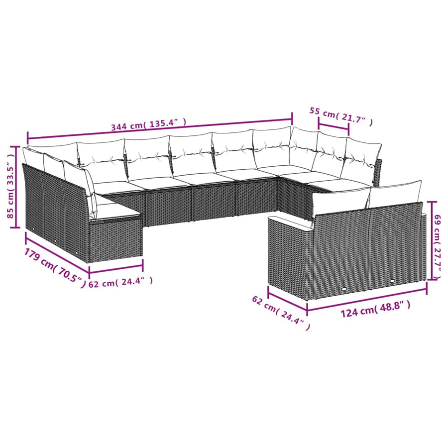 12-Delige Loungeset Met Kussens Poly Rattan Gemengd Beige