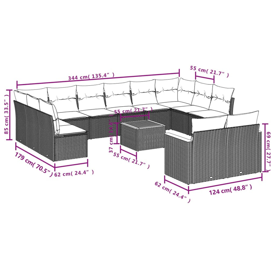 13-Delige Loungeset Met Kussens Poly Rattan Gemengd Beige
