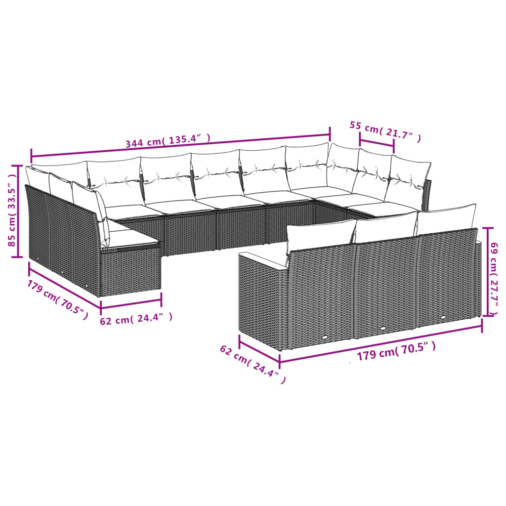 13-Delige Loungeset Met Kussens Poly Rattan Gemengd Beige