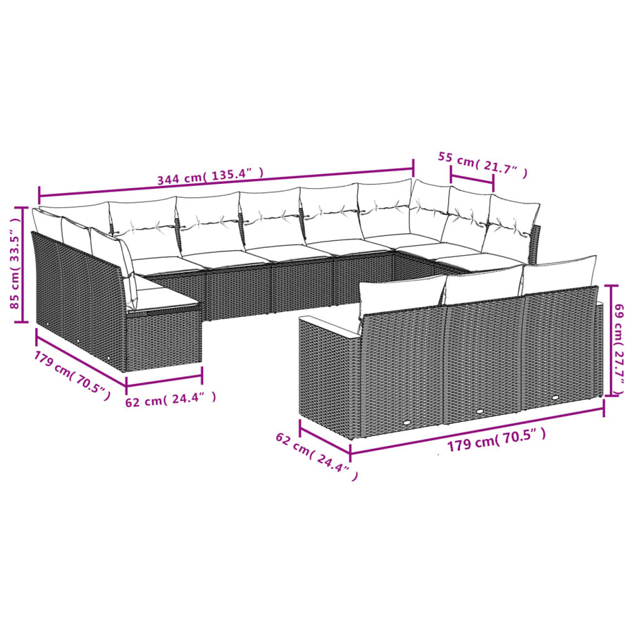 13-Delige Loungeset Met Kussens Poly Rattan Gemengd Beige
