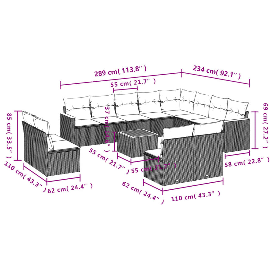 13-Delige Loungeset Met Kussens Poly Rattan Gemengd Beige