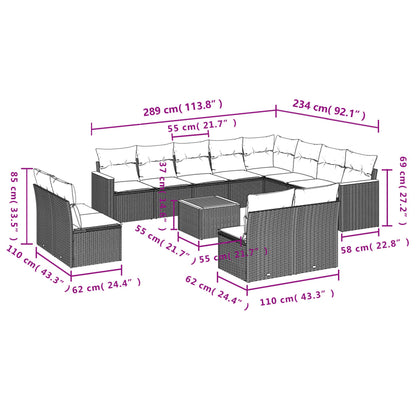 13-delige tuinbankset met kussens, grijs polyrotan
