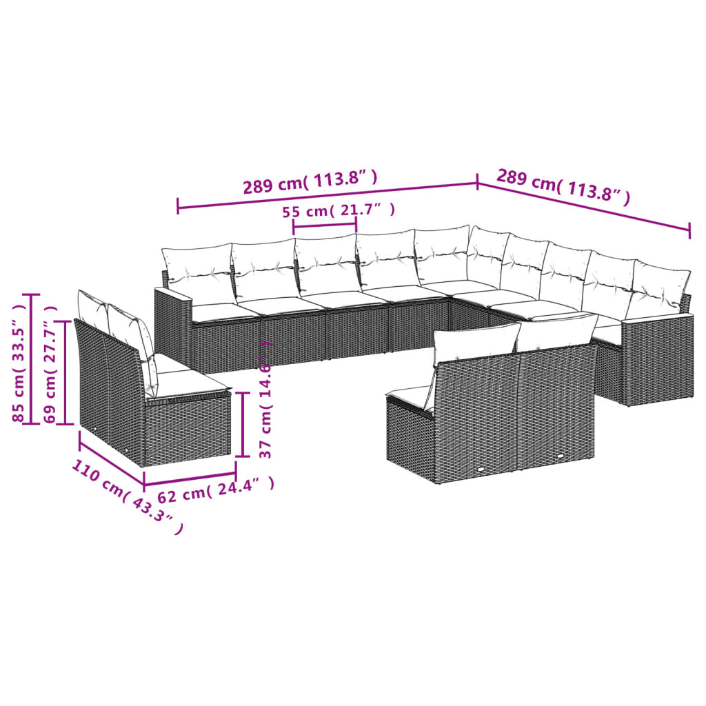 13-delige tuinbankset met kussens van zwart polyrotan