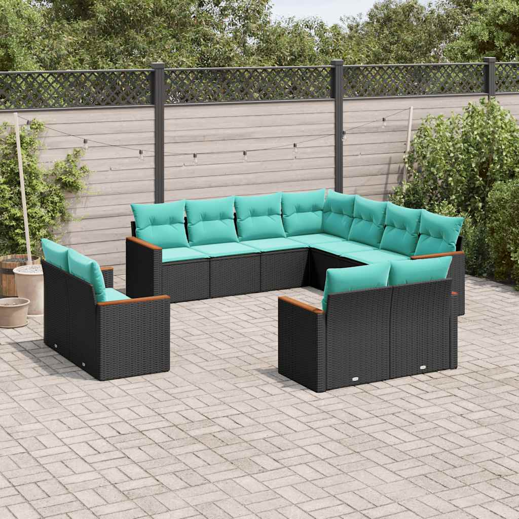 11-delige tuinbankset met kussens, zwart polyrotan