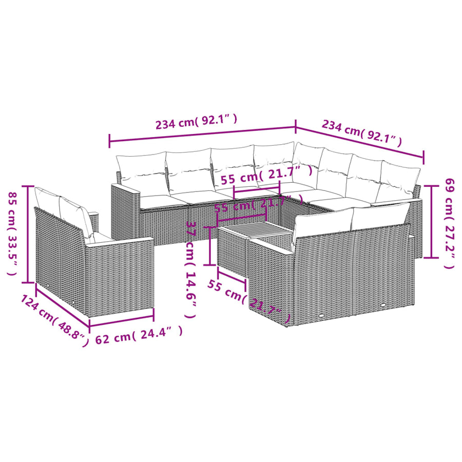 12-Delige Loungeset Met Kussens Poly Rattan Gemengd Beige