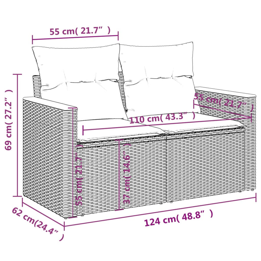 14-delige tuinbankset met kussens van zwart polyrotan