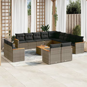 Loungeset 14-delig poly rattan grijs acaciahout