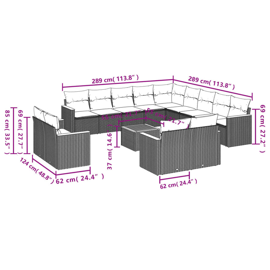 14-delige tuinbankset met kussens, grijs polyrotan