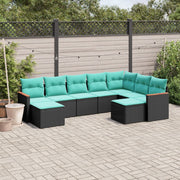 Tuinbankset 9-delig polyrotan zwart met kussens