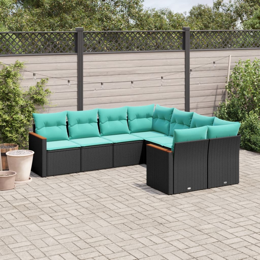 8-delige tuinbankset met kussens, zwart polyrotan
