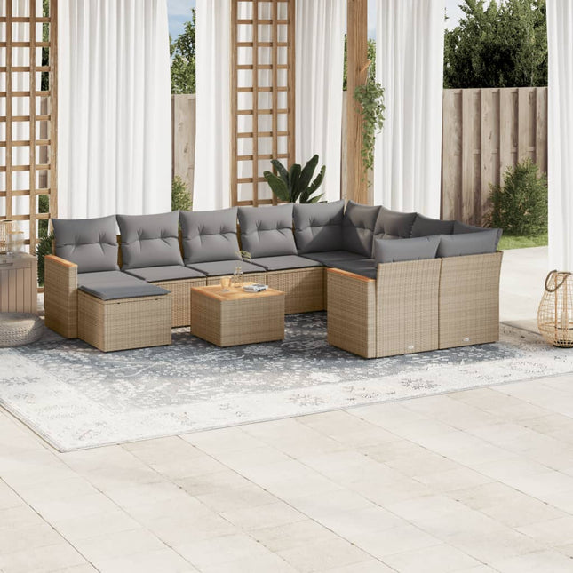 11-Delige Loungeset Met Kussens Poly Rattan Gemengd Beige