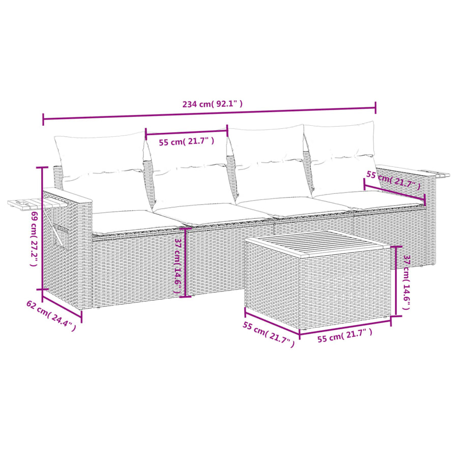 5-Delige Loungeset Met Kussens Poly Rattan 1 Zwart