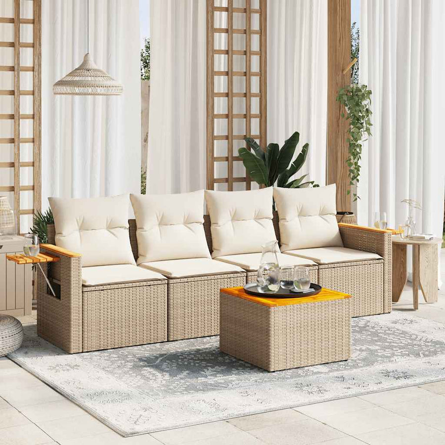 5-delige Loungeset met kussens poly rattan beige