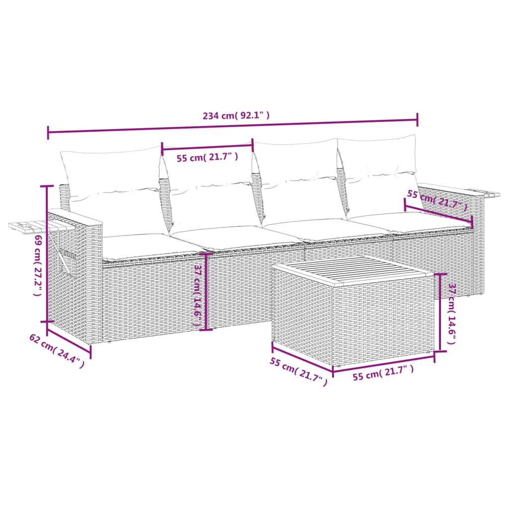 5-Delige Loungeset Met Kussens Poly Rattan Beige