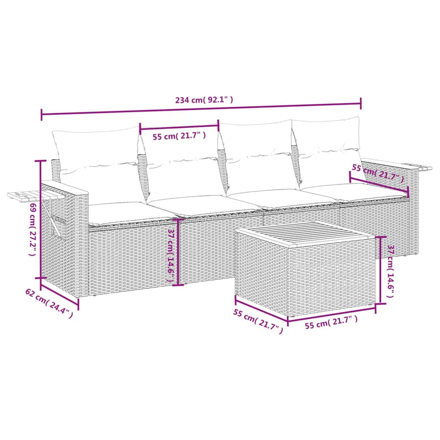 5-Delige Loungeset Met Kussens Poly Rattan Grijs