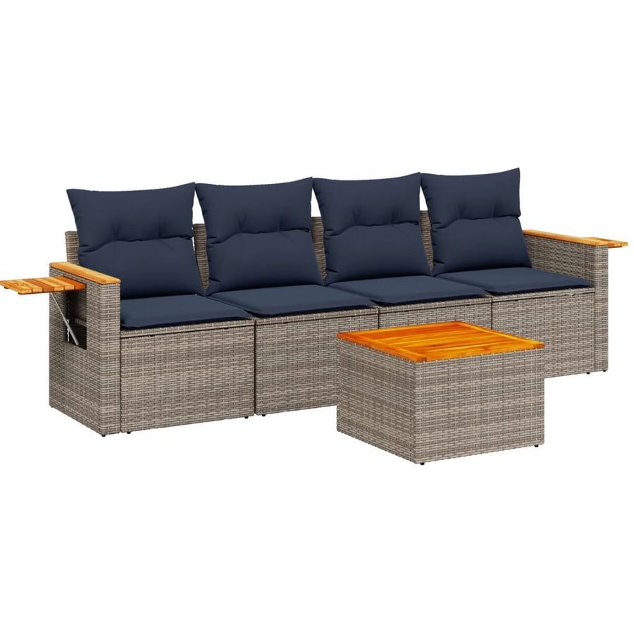 5-delige Loungeset met kussens poly rattan grijs