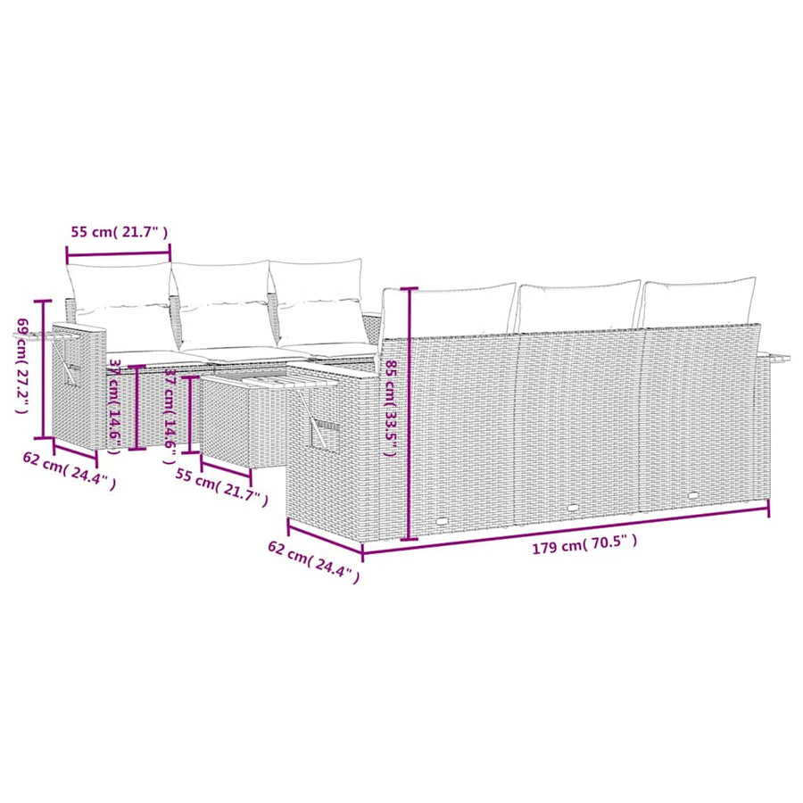 7-delige Loungeset met kussens poly rattan beige