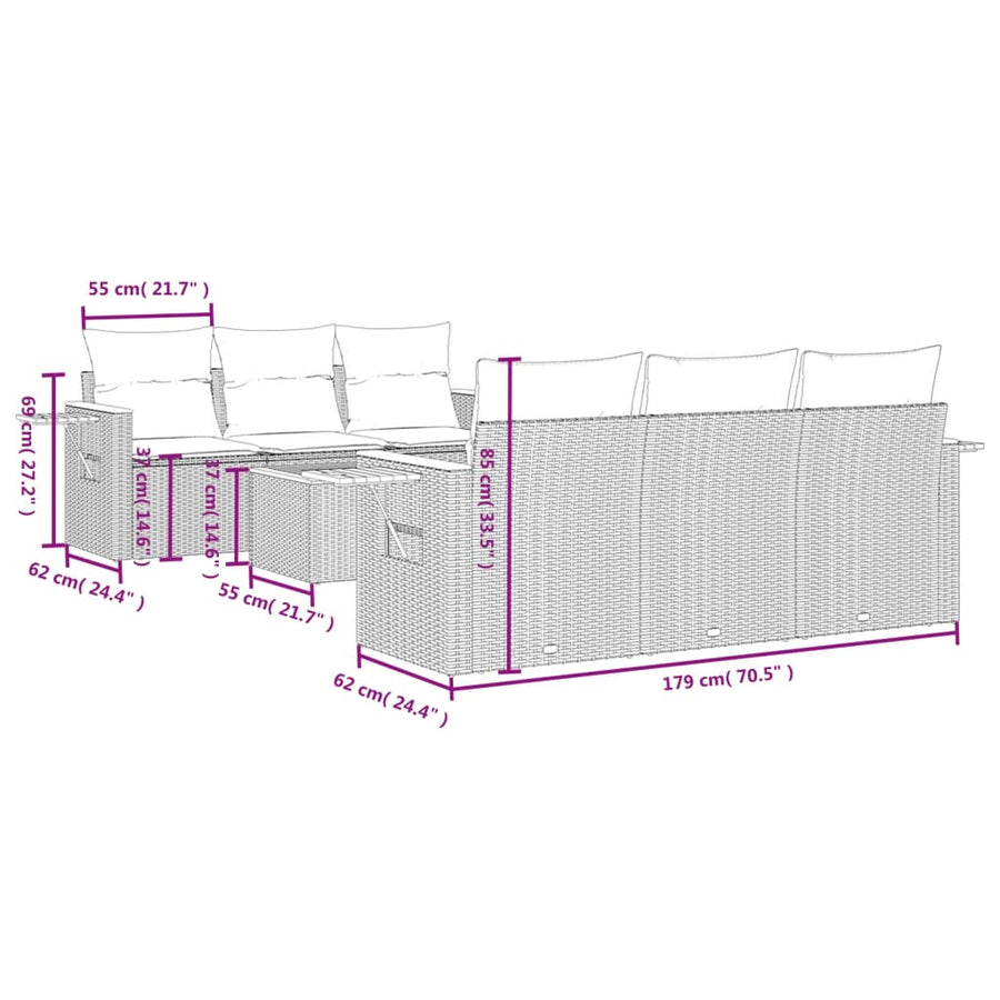 7-Delige Loungeset Met Kussens Poly Rattan Grijs