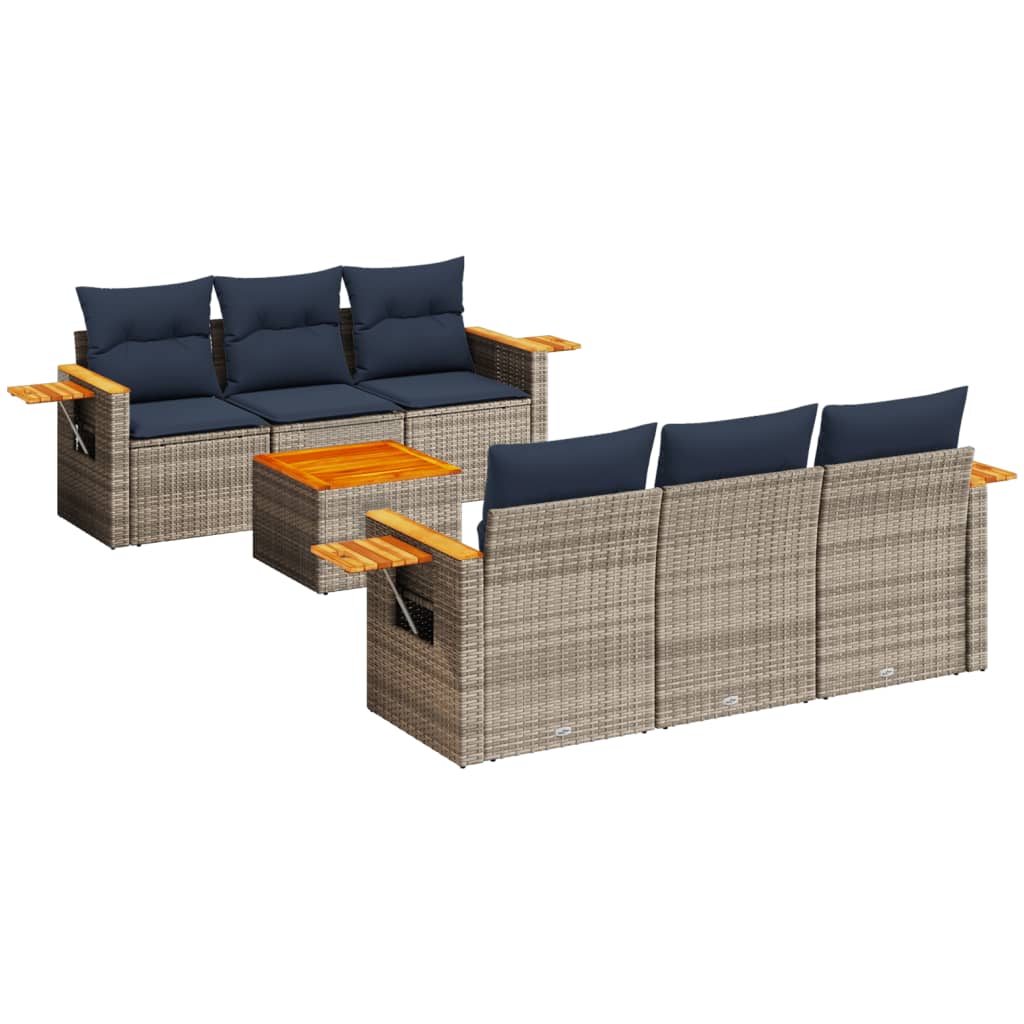 7-delige Loungeset met kussens poly rattan grijs