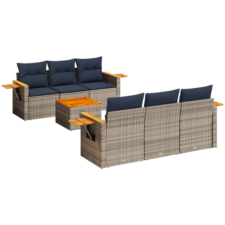 7-delige Loungeset met kussens poly rattan grijs