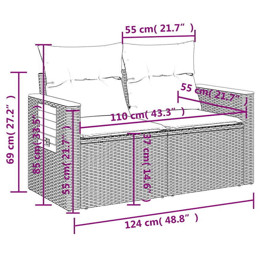 7-delige Loungeset met kussens poly rattan beige