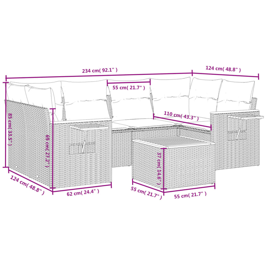 7-Delige Loungeset Met Kussens Poly Rattan Beige