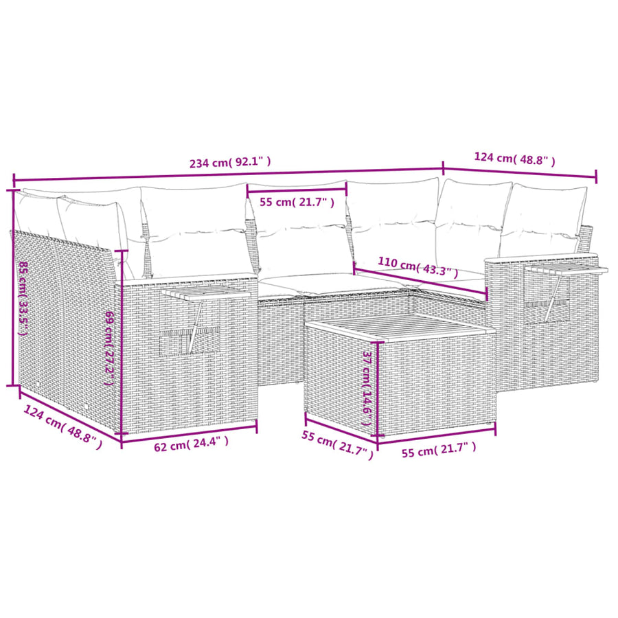7-delige Loungeset met kussens poly rattan grijs