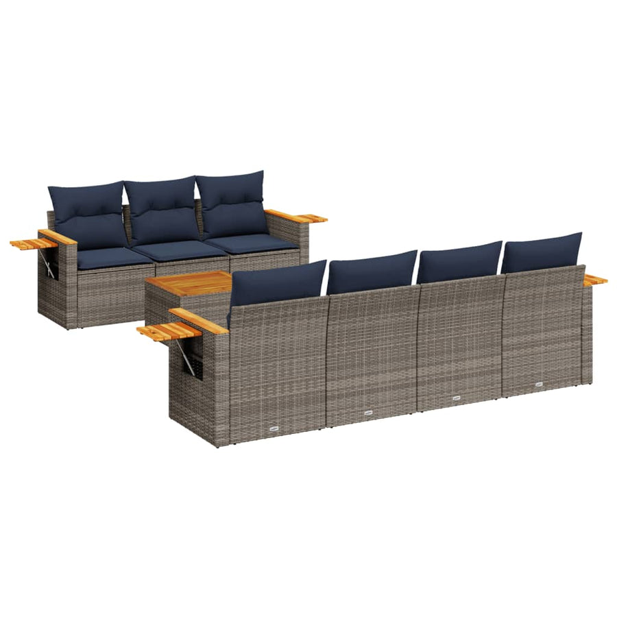 8-delige Loungeset met kussens poly rattan grijs