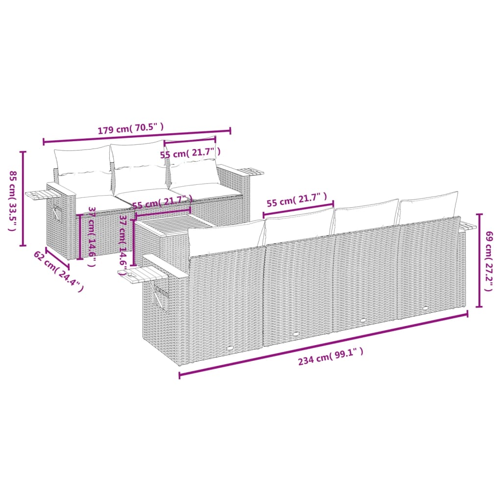 8-delige Loungeset met kussens poly rattan grijs