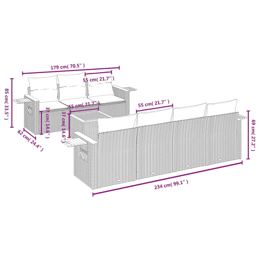 8-delige Loungeset met kussens poly rattan grijs