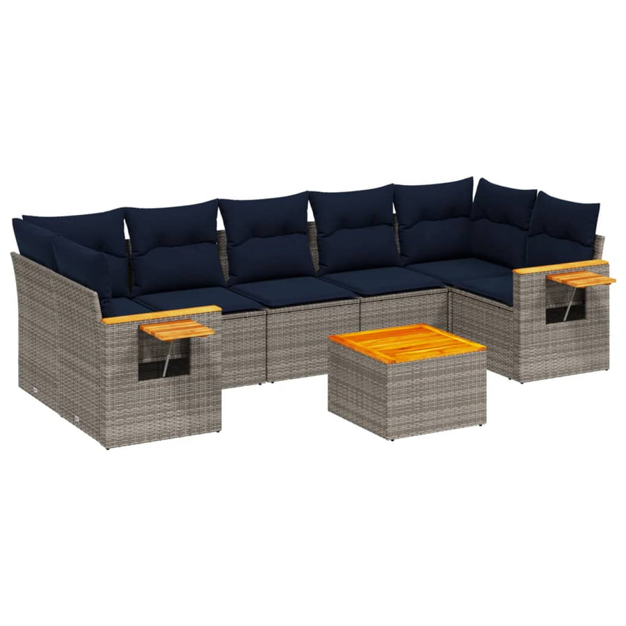 8-delige Loungeset met kussens poly rattan grijs