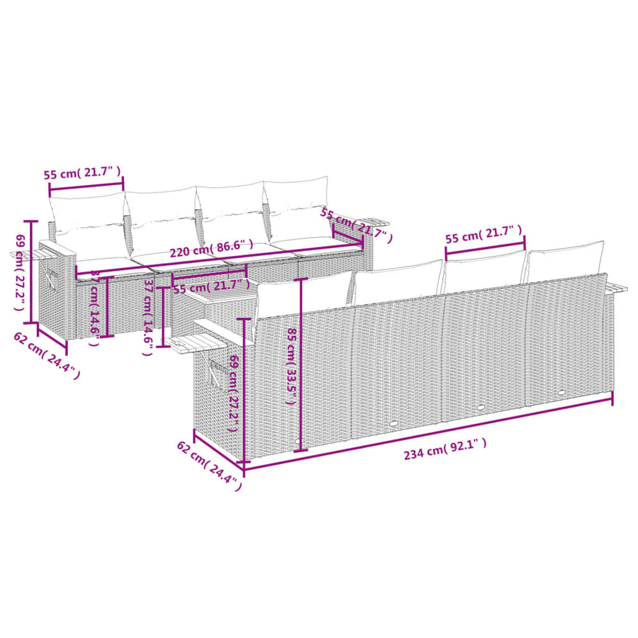 9-Delige Loungeset Met Kussens Poly Rattan Beige