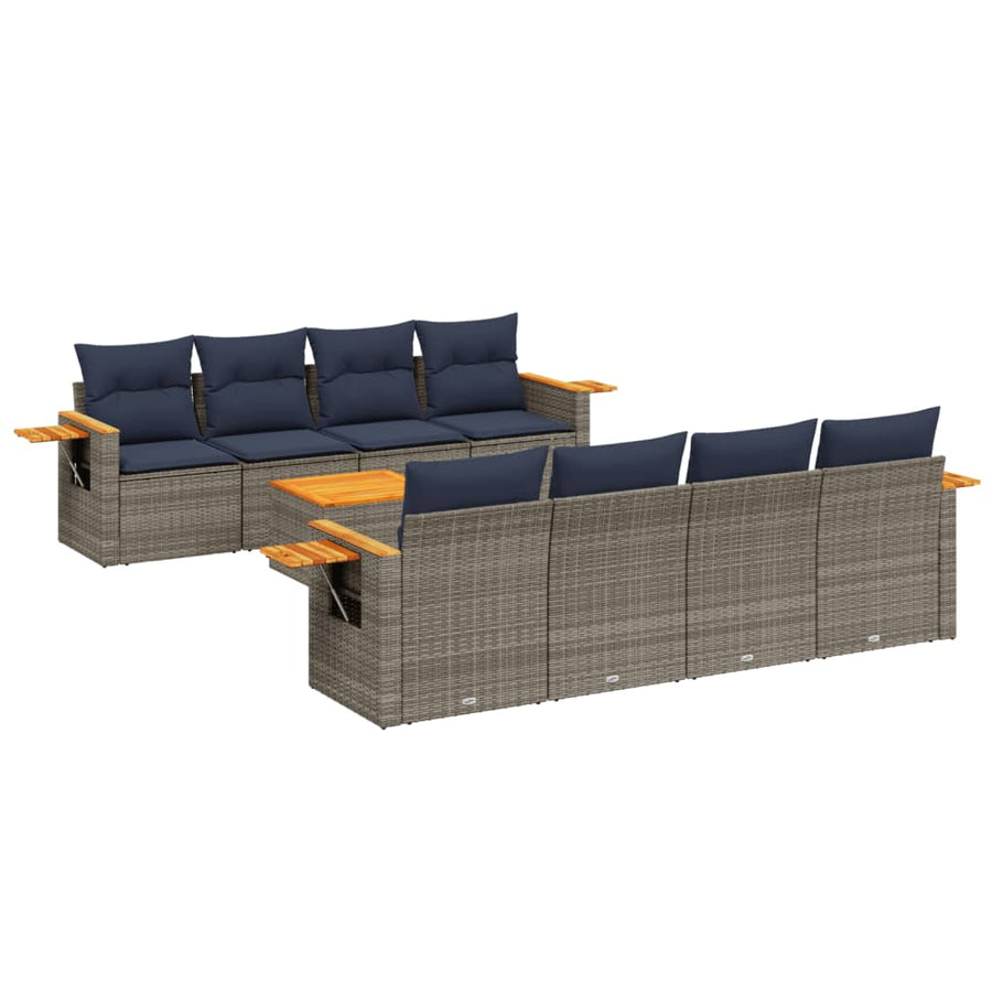 9-delige Loungeset met kussens poly rattan grijs