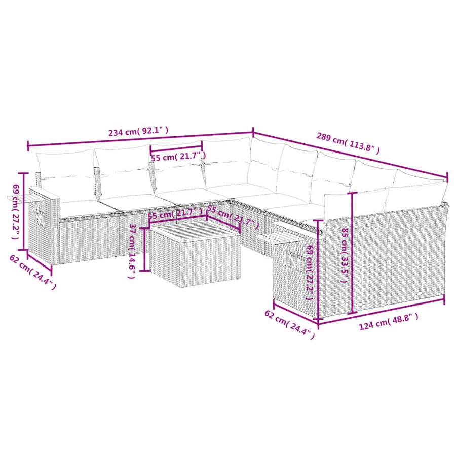 9-delige Loungeset met kussens poly rattan grijs