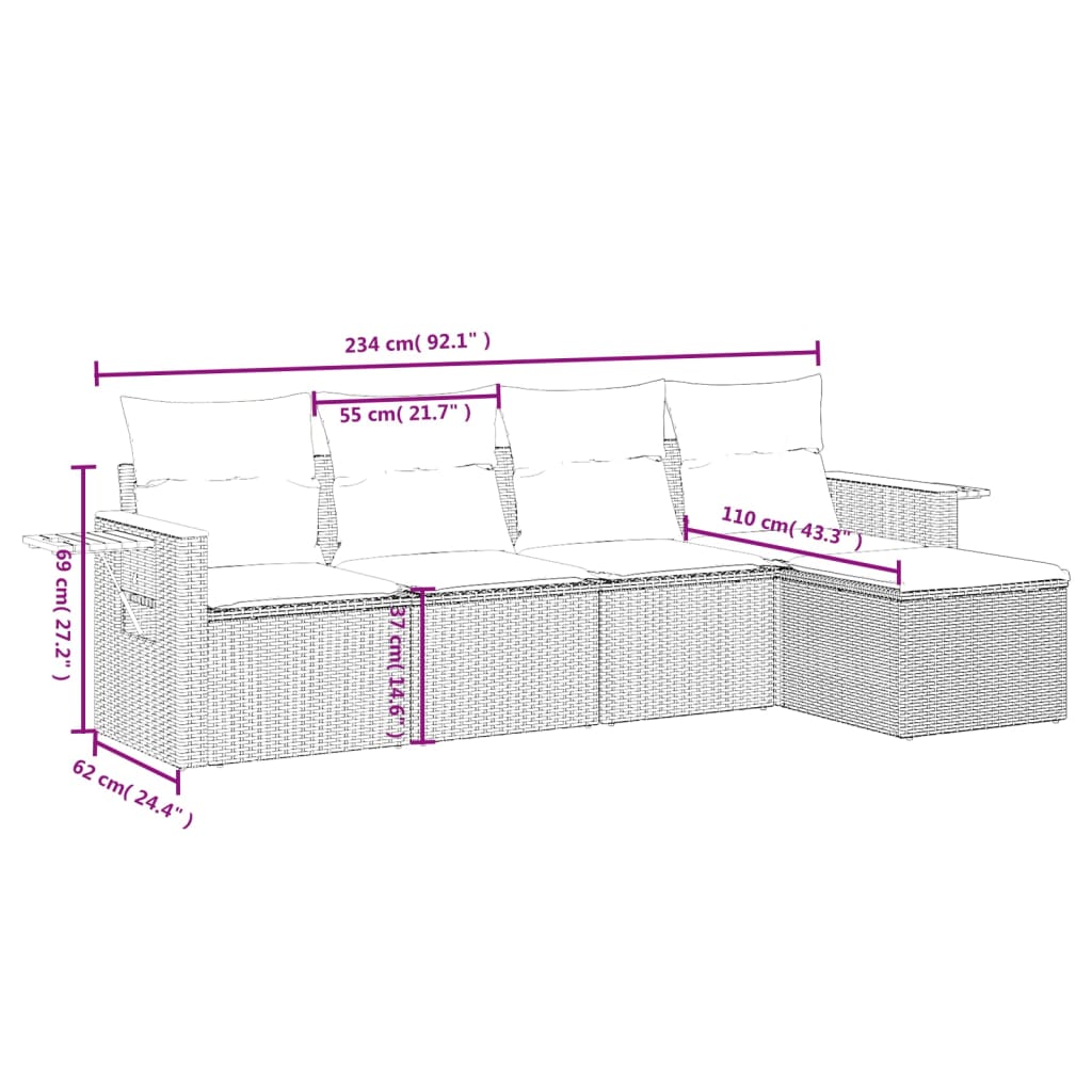 5-delige Loungeset met kussens poly rattan grijs